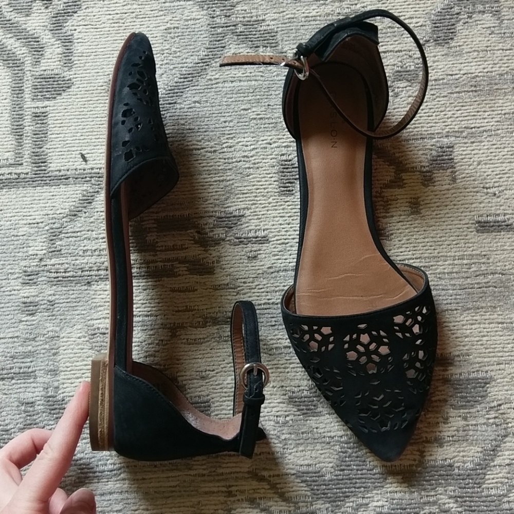 Black buckle top strap flats